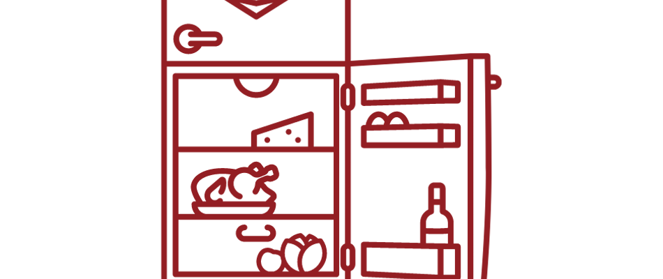 Grafisk tegning af køleskab med åben låge. Køleskabet er fuld af mad.