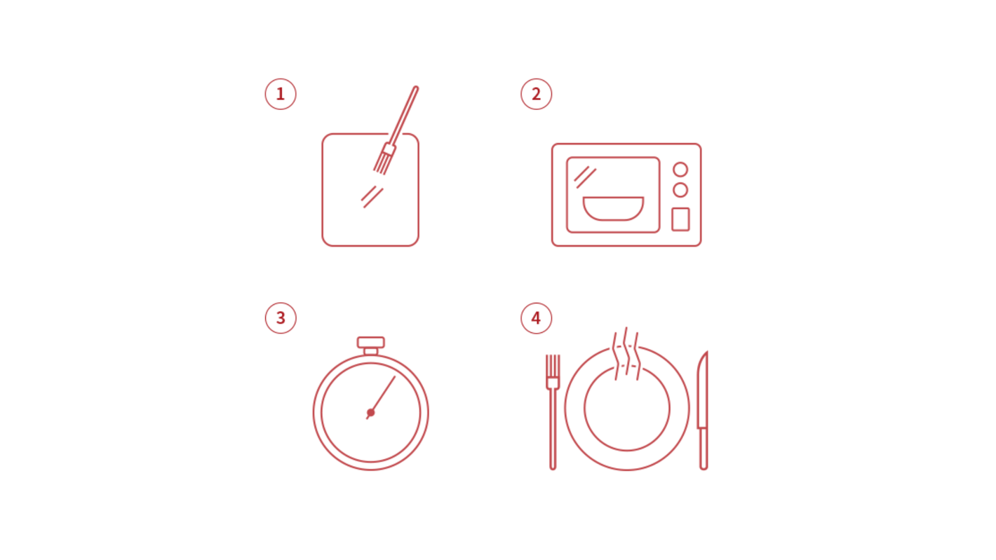 Illustration af hvordan maden skal opvarmes i mikrobølgeovn