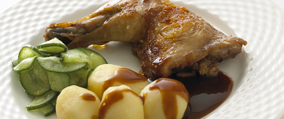 Stegt kylling med skysovs, kartofler og agurkesalat